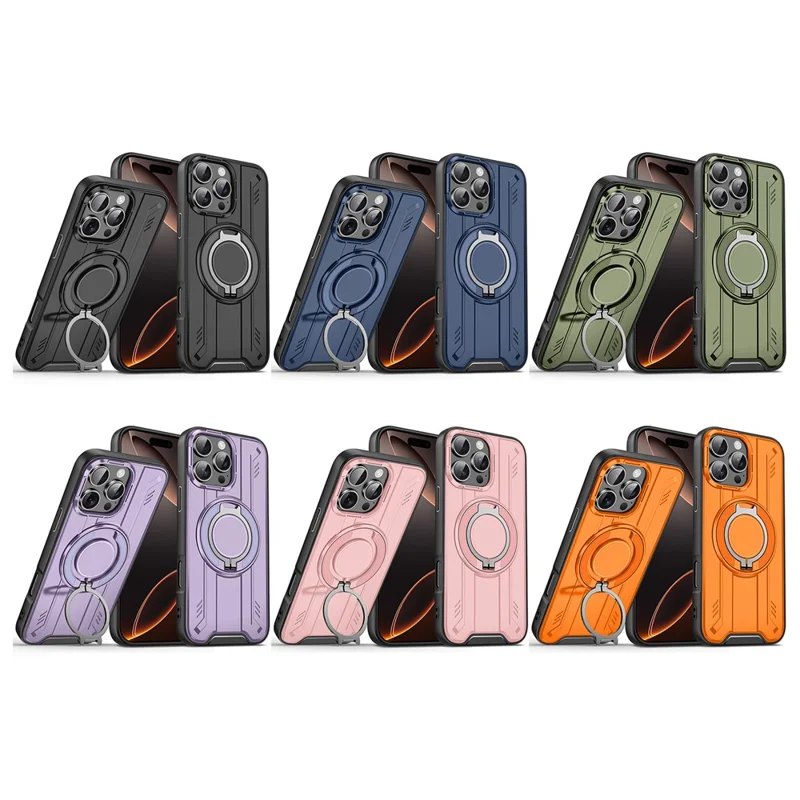 For iPhone 16 Pro Case Compatible with MagSafe Rotating Ring Kickstand PC + TPU Shockproof Phone Cover - Green