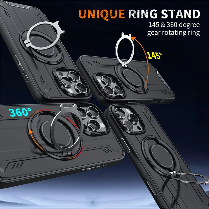 Für iPhone 16 Pro Max Hülle Kompatibel mit MagSafe Drehbarer Ring Ständer PC + TPU Stoßfeste Handyhülle - Schwarz
