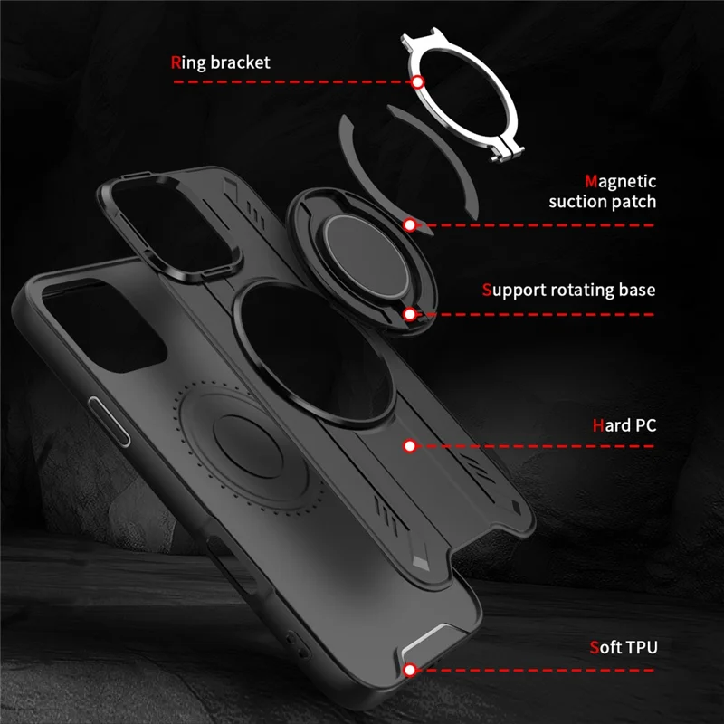 Für iPhone 16 Pro Max Hülle Kompatibel mit MagSafe Drehbarer Ring Ständer PC + TPU Stoßfeste Handyhülle - Schwarz