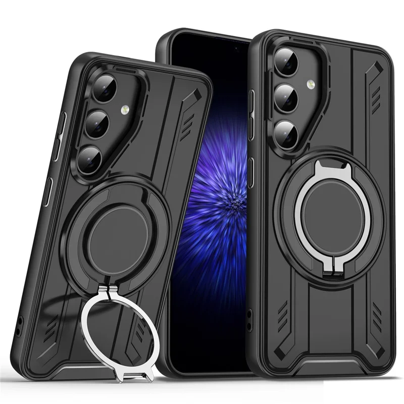 For Samsung Galaxy S25 Case Compatible with MagSafe Rotating Ring Kickstand PC + TPU Shockproof Phone Cover - Black