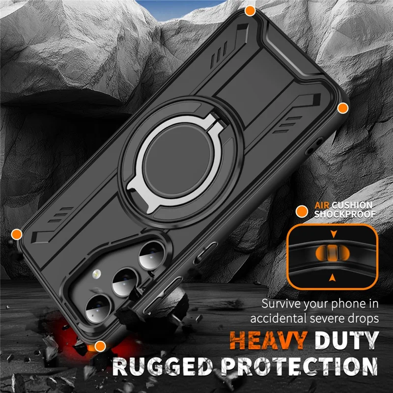 For Samsung Galaxy S25 Case Compatible with MagSafe Rotating Ring Kickstand PC + TPU Shockproof Phone Cover - Black
