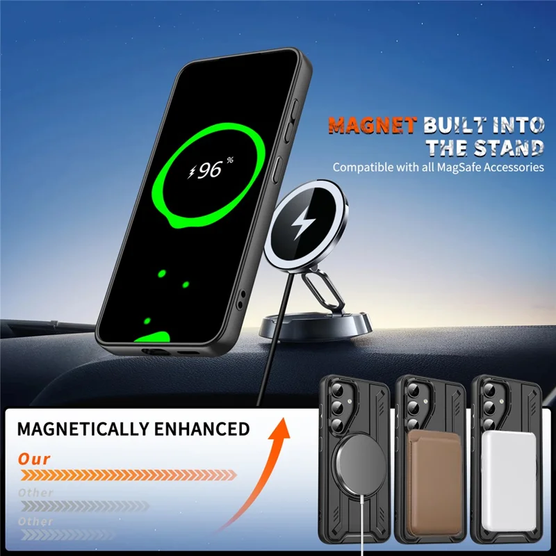 For Samsung Galaxy S25 Case Compatible with MagSafe Rotating Ring Kickstand PC + TPU Shockproof Phone Cover - Black
