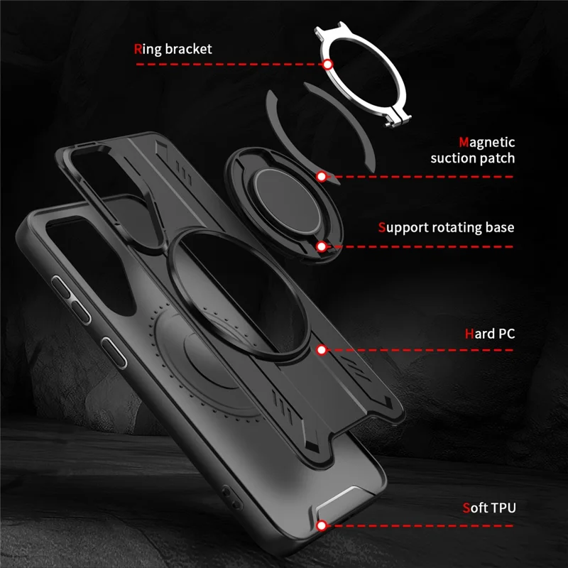 For Samsung Galaxy S25 Case Compatible with MagSafe Rotating Ring Kickstand PC + TPU Shockproof Phone Cover - Black