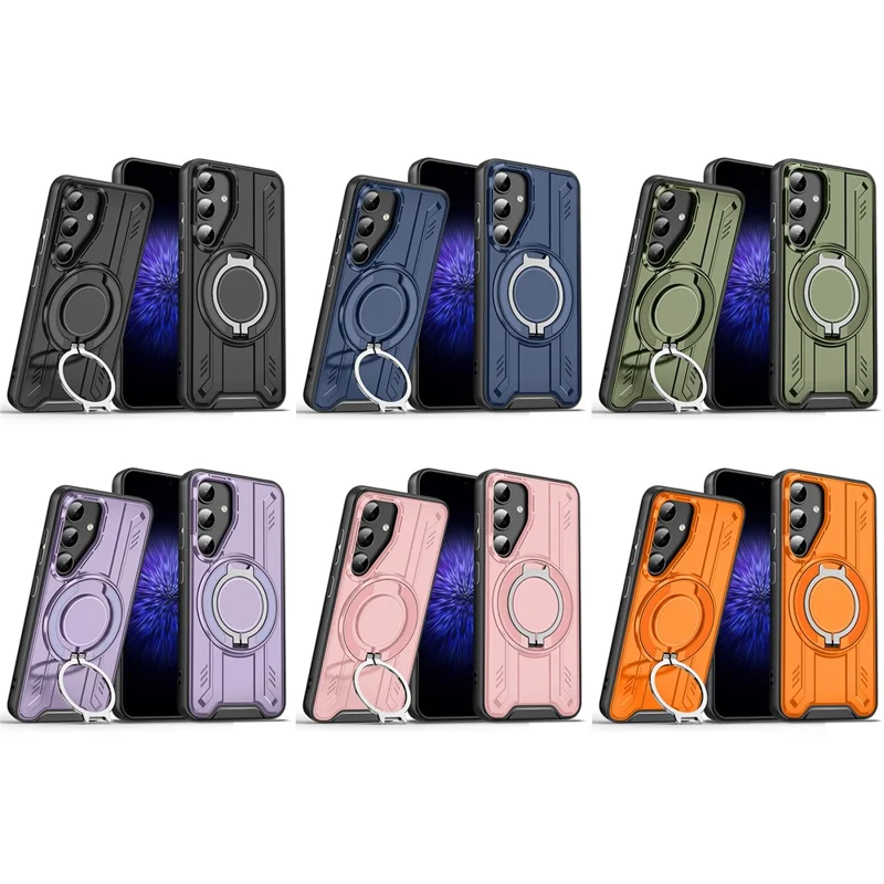 For Samsung Galaxy S25 Case Compatible with MagSafe Rotating Ring Kickstand PC + TPU Shockproof Phone Cover - Black