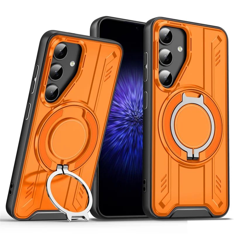 For Samsung Galaxy S25 Magnetic Case Rotating Ring Kickstand PC + TPU Shockproof Phone Cover - Orange