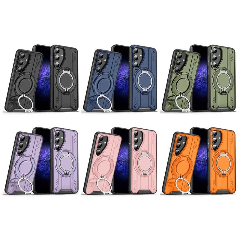 Für Samsung Galaxy S25+ Hülle Kompatibel mit MagSafe Drehbarer Ring Ständer PC + TPU Stoßfeste Handyhülle - Schwarz