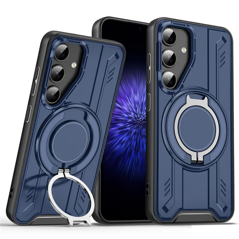 For Samsung Galaxy S25+ Magnetic Case Rotating Ring Kickstand PC + TPU Shockproof Phone Cover - Blue