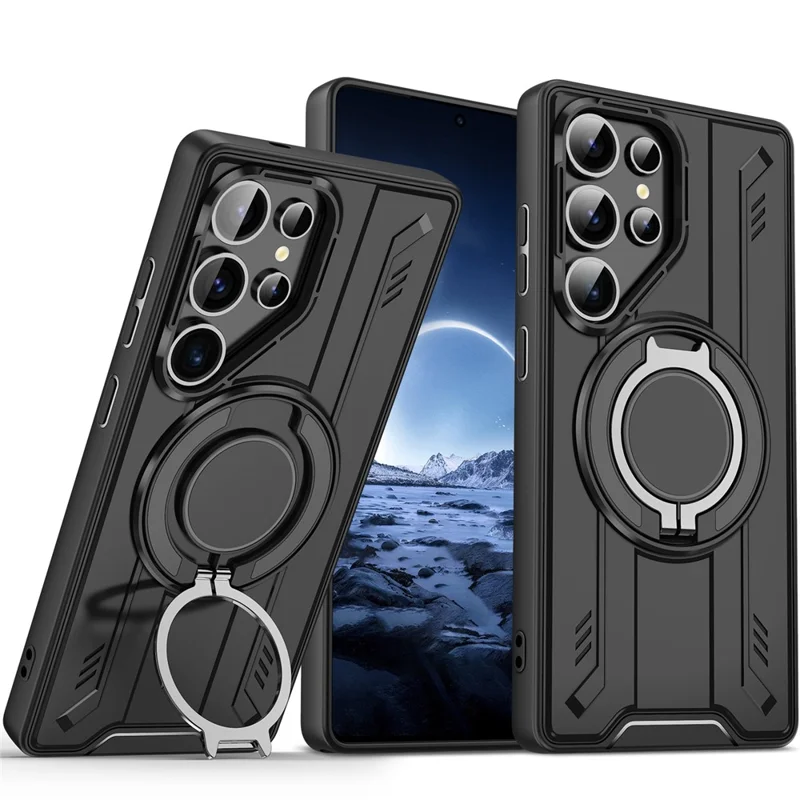 For Samsung Galaxy S25 Ultra Magnetic Case Rotating Ring Kickstand PC + TPU Shockproof Phone Cover - Black