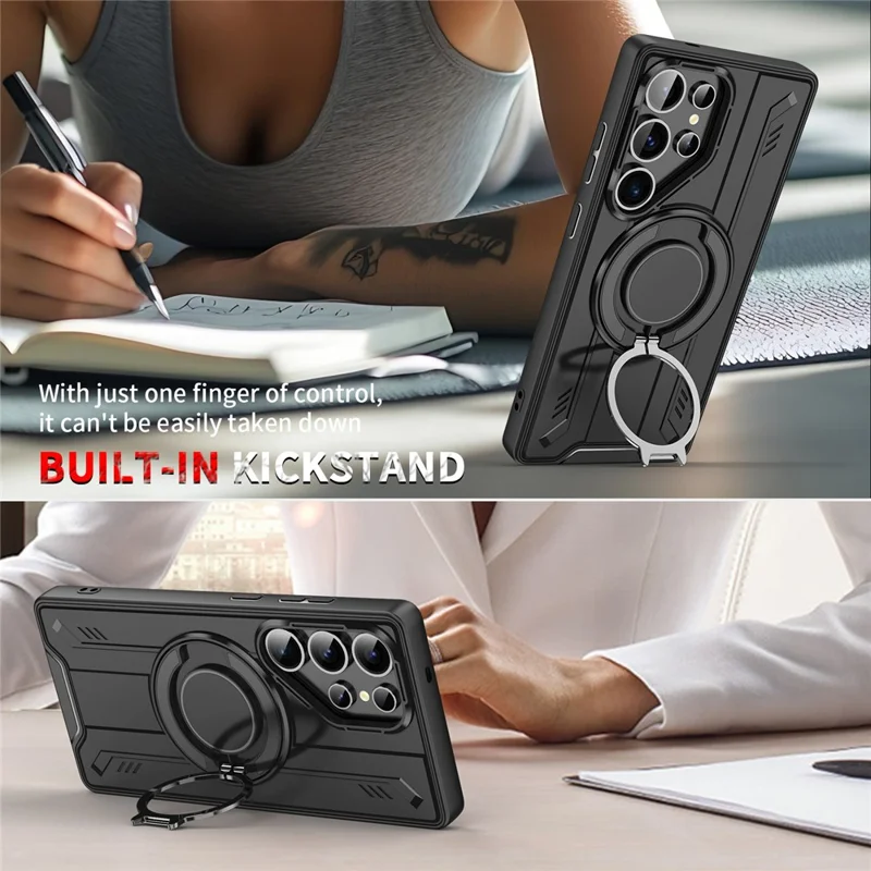 For Samsung Galaxy S25 Ultra Magnetic Case Rotating Ring Kickstand PC + TPU Shockproof Phone Cover - Black