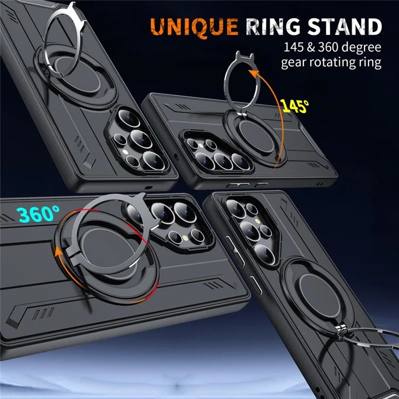 For Samsung Galaxy S25 Ultra Magnetic Case Rotating Ring Kickstand PC + TPU Shockproof Phone Cover - Black