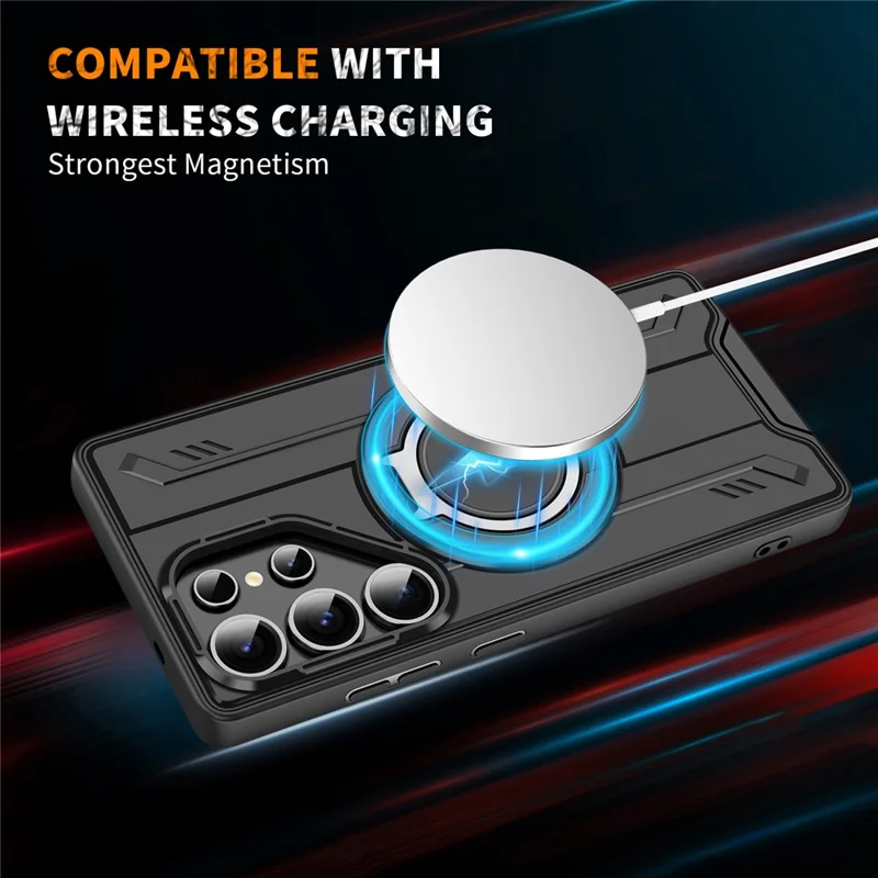 For Samsung Galaxy S25 Ultra Magnetic Case Rotating Ring Kickstand PC + TPU Shockproof Phone Cover - Black