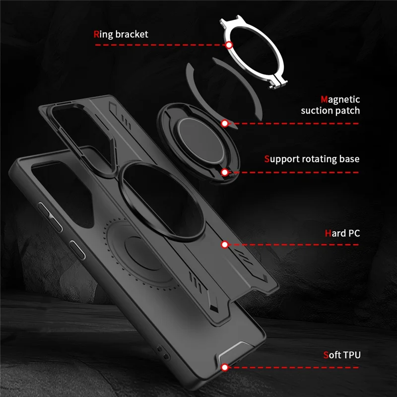 For Samsung Galaxy S25 Ultra Magnetic Case Rotating Ring Kickstand PC + TPU Shockproof Phone Cover - Black