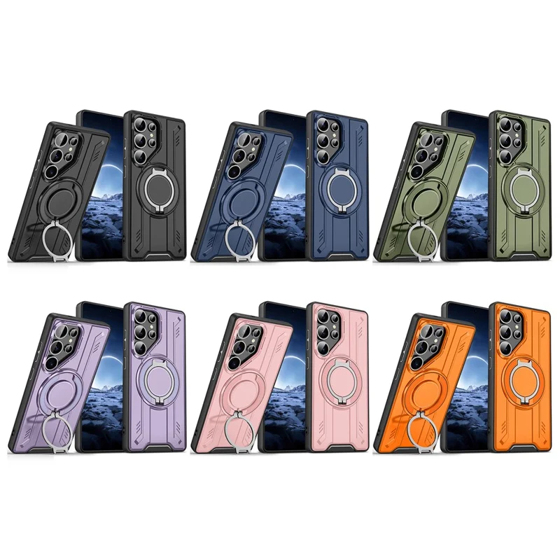For Samsung Galaxy S25 Ultra Magnetic Case Rotating Ring Kickstand PC + TPU Shockproof Phone Cover - Black