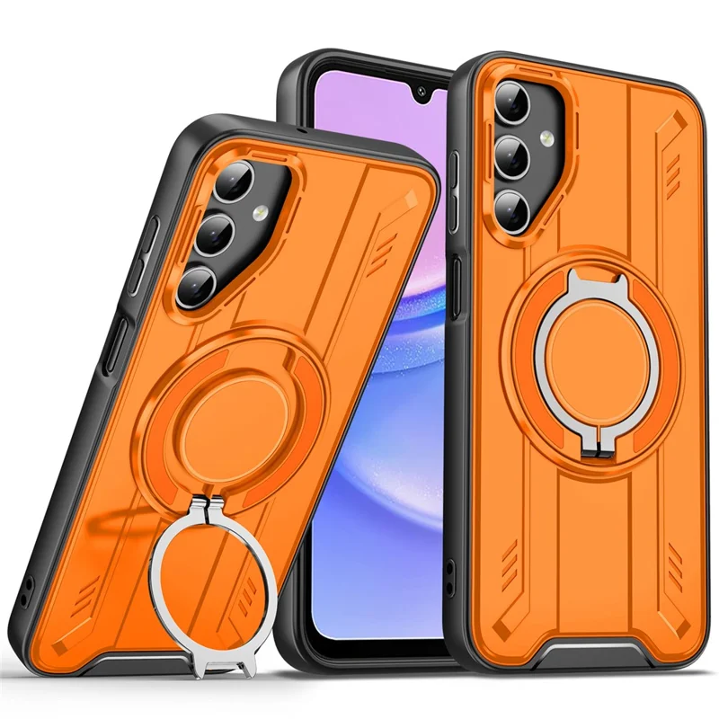 For Samsung Galaxy A15 5G  /  4G Magnetic Case Rotating Ring Kickstand PC + TPU Shockproof Phone Cover - Orange