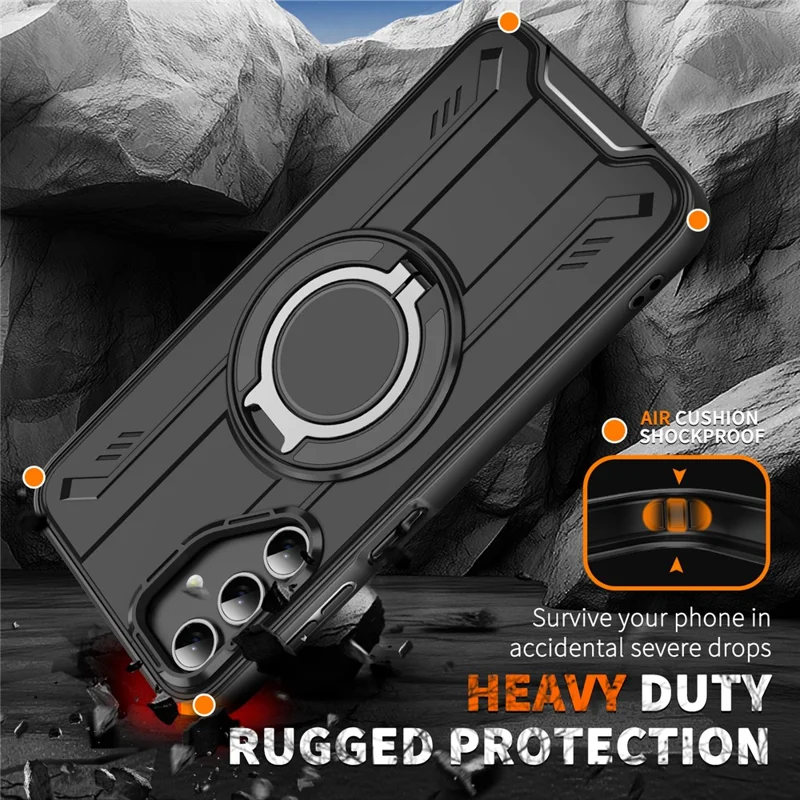 Für Samsung Galaxy A55 5G Hülle kompatibel mit MagSafe Drehbarer Ring Ständer PC + TPU Stoßfeste Handyhülle - Schwarz