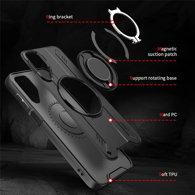 Für Samsung Galaxy A55 5G Hülle kompatibel mit MagSafe Drehbarer Ring Ständer PC + TPU Stoßfeste Handyhülle - Schwarz