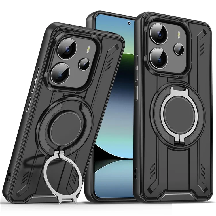 Étui pour Xiaomi Redmi Note 14 5G Compatible avec MagSafe, Anneau Rotatif, Béquille, PC + TPU Antichoc - Noir