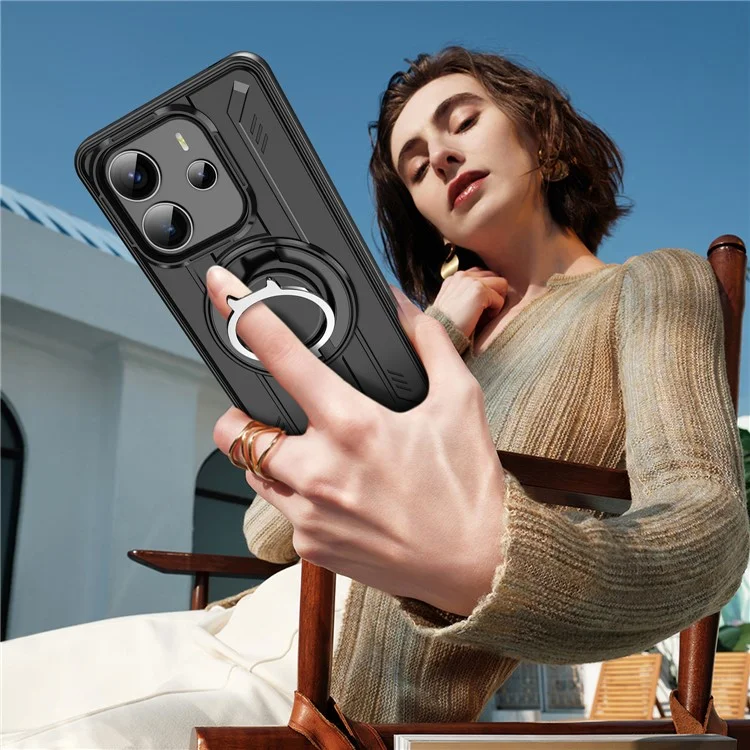 Étui pour Xiaomi Redmi Note 14 5G Compatible avec MagSafe, Anneau Rotatif, Béquille, PC + TPU Antichoc - Noir