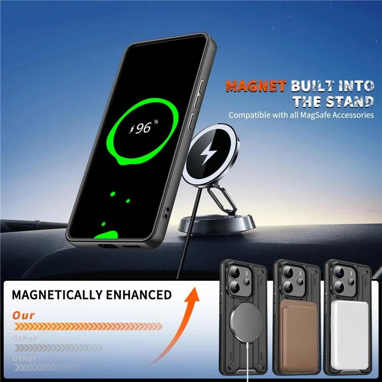Étui pour Xiaomi Redmi Note 14 5G Compatible avec MagSafe, Anneau Rotatif, Béquille, PC + TPU Antichoc - Noir