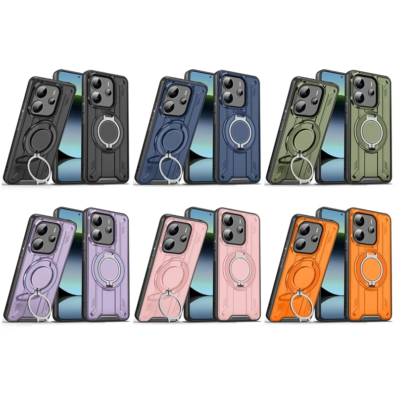 For Xiaomi Redmi Note 14 5G Magnetic Case Rotating Ring Kickstand PC + TPU Shockproof Phone Cover - Orange