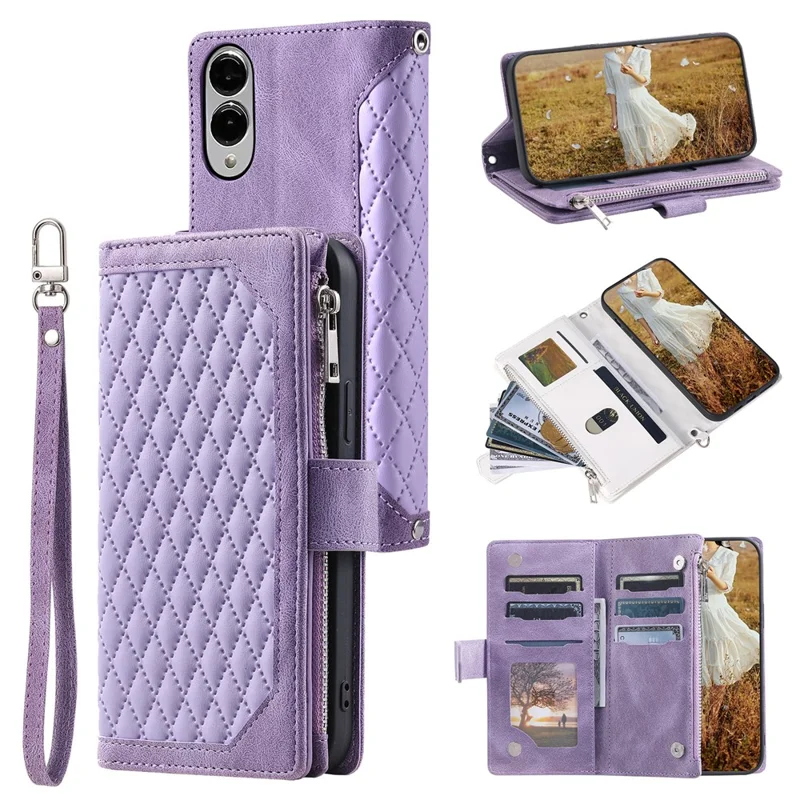 Estilo 005 Capa Carteira Rhombus para Samsung Galaxy S25 Edge em Couro PU com Linha de Costura - Roxo