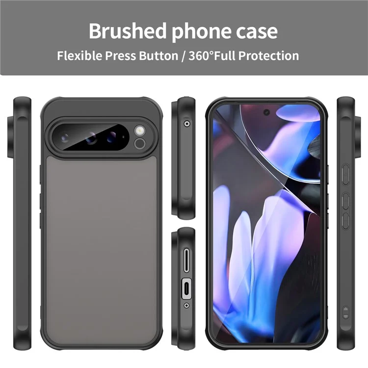 For Google Pixel 9 Pro XL Case Drop Proof Airbags Frosted Translucent PC + TPU Phone Back Cover - Black