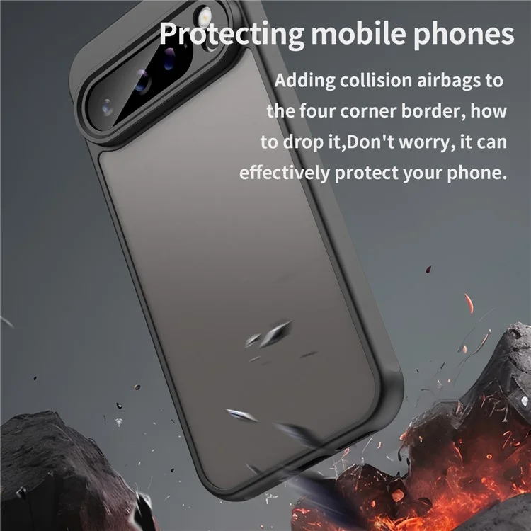 For Google Pixel 9 Pro XL Case Drop Proof Airbags Frosted Translucent PC + TPU Phone Back Cover - Black