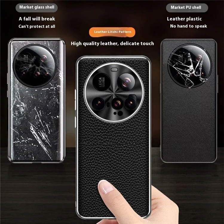 For Xiaomi 15 Ultra Case Litchi Texture Genuine Cow Leather + TPU Phone Cover - Black