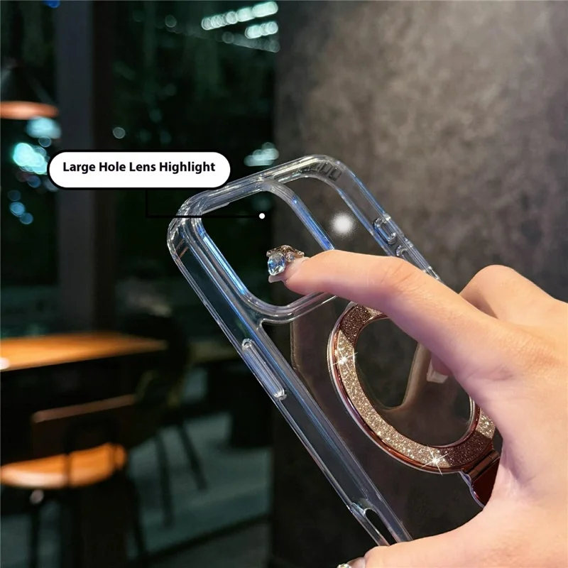 Funda para iPhone 16 Pro Max de TPU + Acrílico Transparente con Anillo de Purpurina y Soporte - Oro