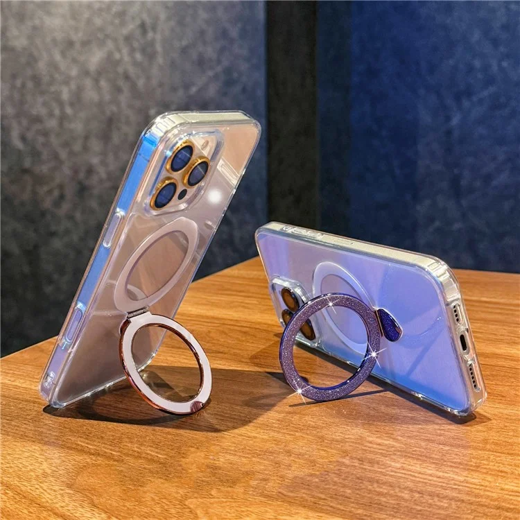 Funda para iPhone 16 Pro Max de TPU + Acrílico Transparente con Anillo de Purpurina y Soporte - Oro
