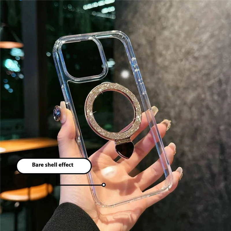 Funda para iPhone 16 Pro Max de TPU + Acrílico Transparente con Anillo de Purpurina y Soporte - Oro