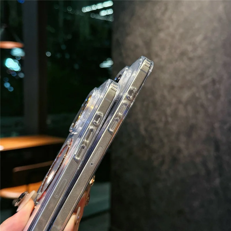 Funda para iPhone 16 Pro Max de TPU + Acrílico Transparente con Anillo de Purpurina y Soporte - Oro