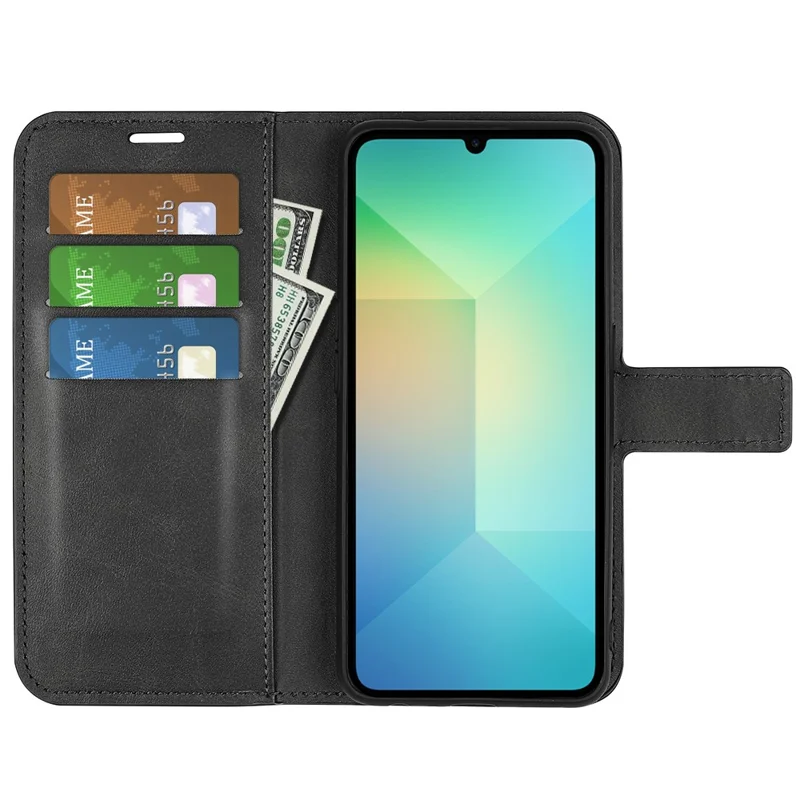 For Samsung Galaxy A06 5G Stand Case Anti-Scratch Calf Texture Leather Phone Cover - Black