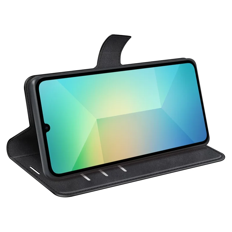 For Samsung Galaxy A06 5G Stand Case Anti-Scratch Calf Texture Leather Phone Cover - Black