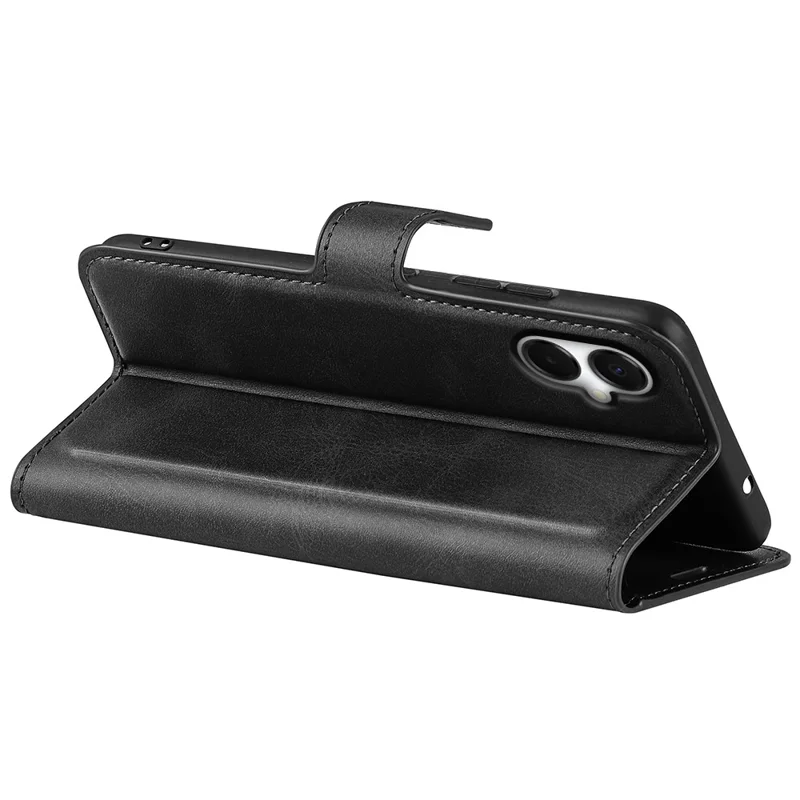 For Samsung Galaxy A06 5G Stand Case Anti-Scratch Calf Texture Leather Phone Cover - Black