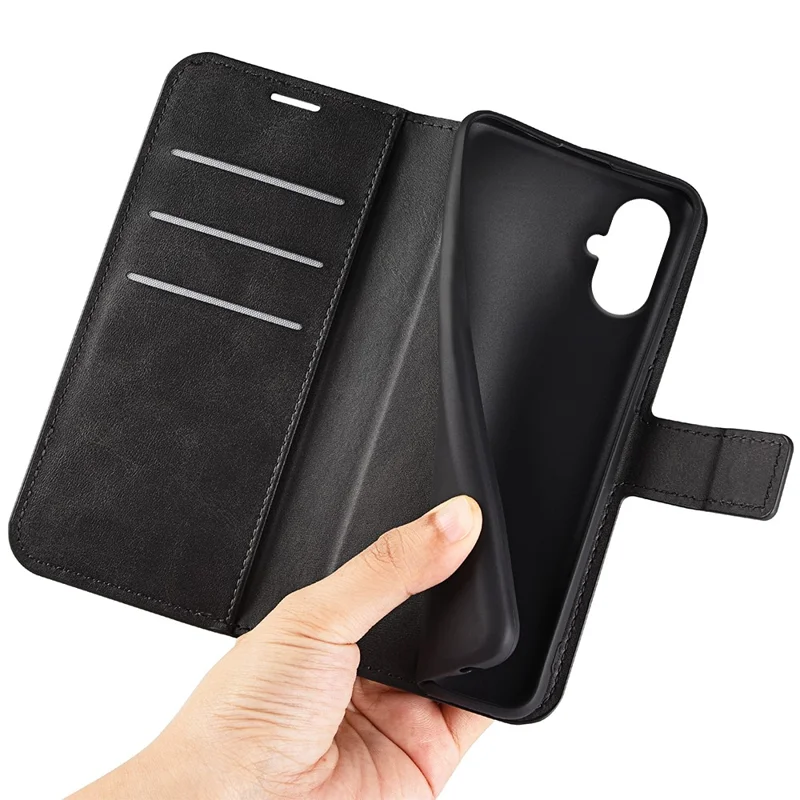 For Samsung Galaxy A06 5G Stand Case Anti-Scratch Calf Texture Leather Phone Cover - Black