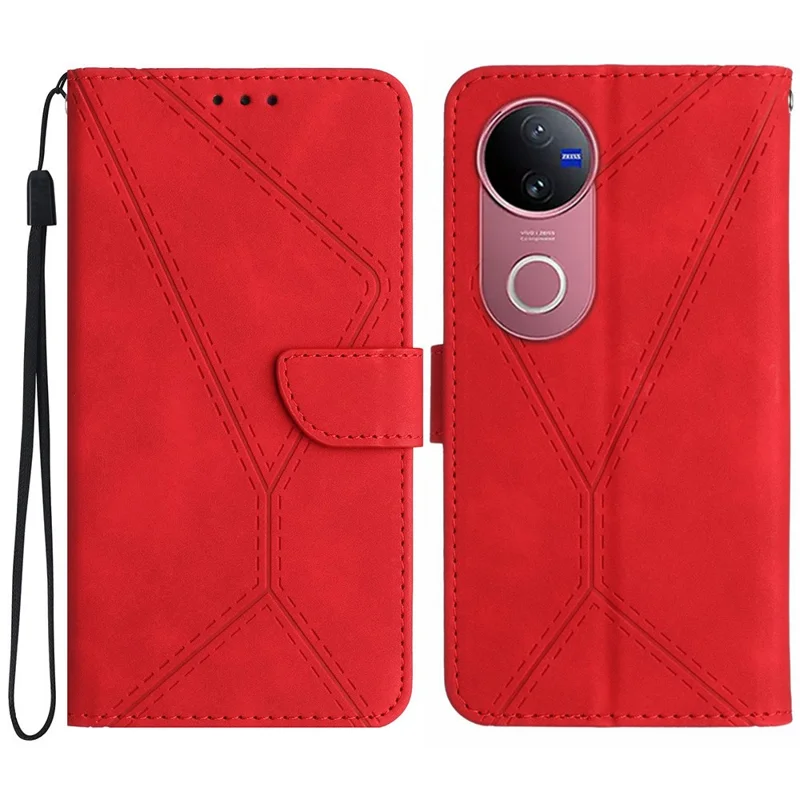 For vivo V50 5G Case Skin Touch Lines Imprinted PU Leather Flip Phone Cover - Red