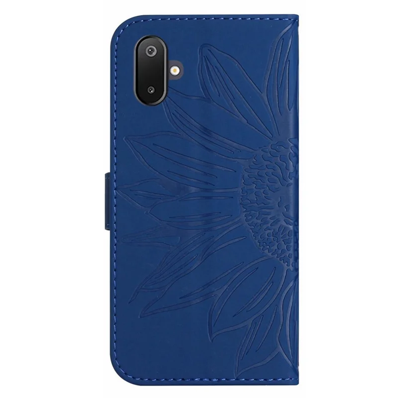 Étui en cuir pour Samsung Galaxy M06 5G / F06 5G avec motif de tournesol, pochette de téléphone avec bracelet - Bleu saphir