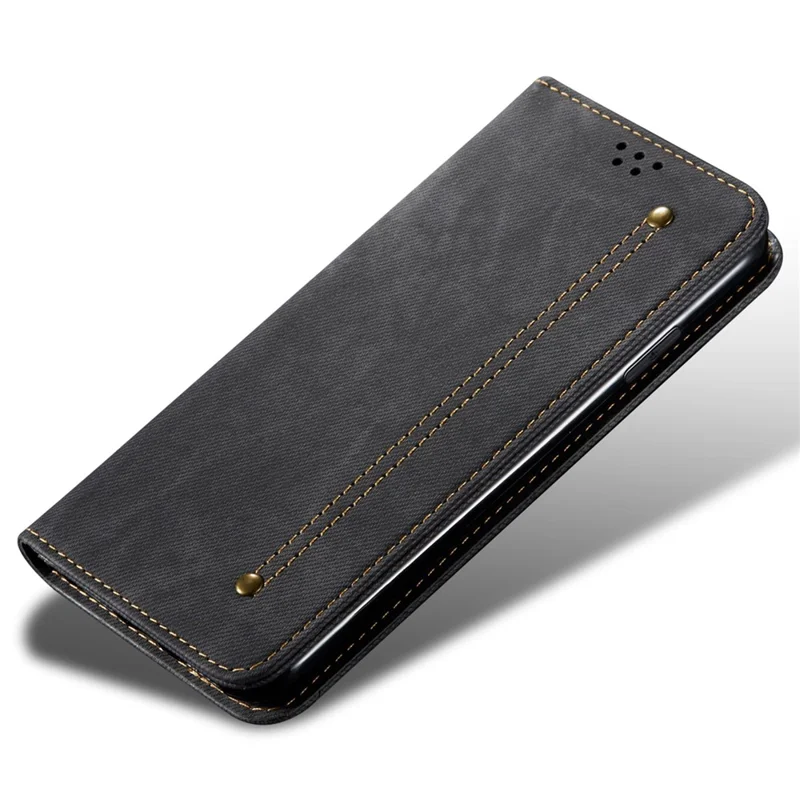 Capa para Xiaomi Redmi Note 14S Estilo Jeans Textura de Tecido Resistente a Arranhões com Suporte de Couro - Preto