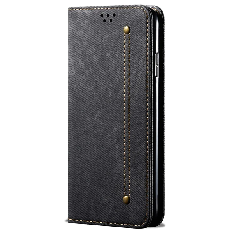 Capa para Xiaomi Redmi Note 14S Estilo Jeans Textura de Tecido Resistente a Arranhões com Suporte de Couro - Preto