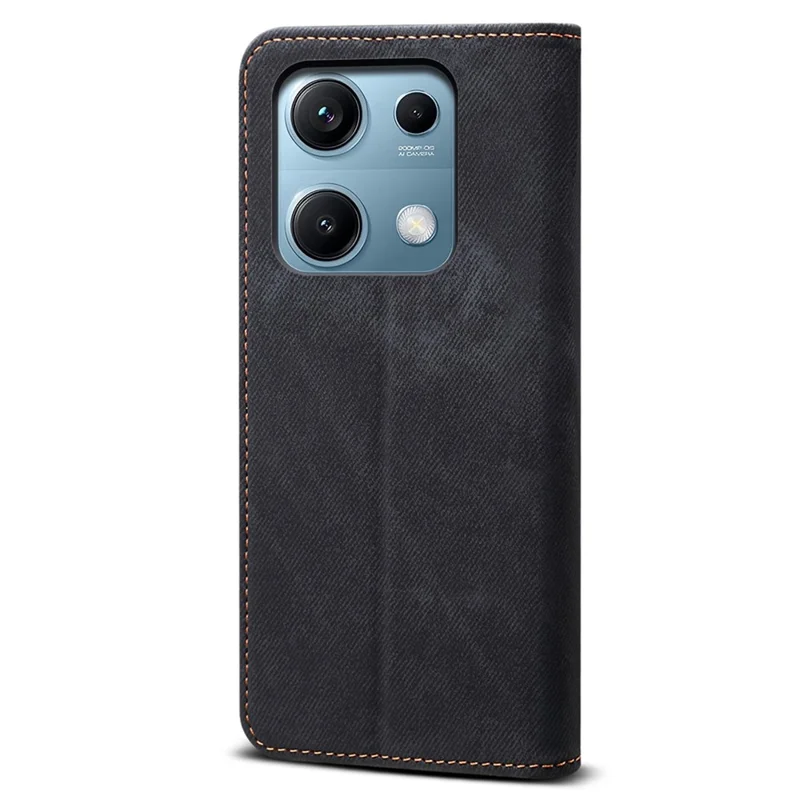 Capa para Xiaomi Redmi Note 14S Estilo Jeans Textura de Tecido Resistente a Arranhões com Suporte de Couro - Preto