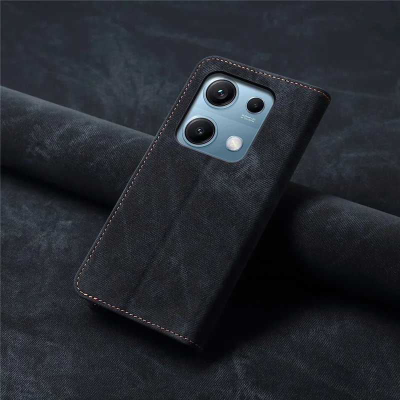 Capa para Xiaomi Redmi Note 14S Estilo Jeans Textura de Tecido Resistente a Arranhões com Suporte de Couro - Preto
