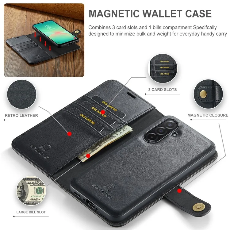DG.MING for Samsung Galaxy A26 5G Case Detachable Split Leather Phone Cover - Black