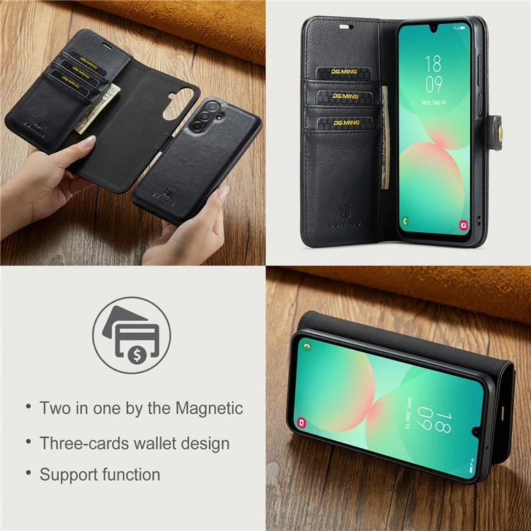 DG.MING for Samsung Galaxy A26 5G Case Detachable Split Leather Phone Cover - Black