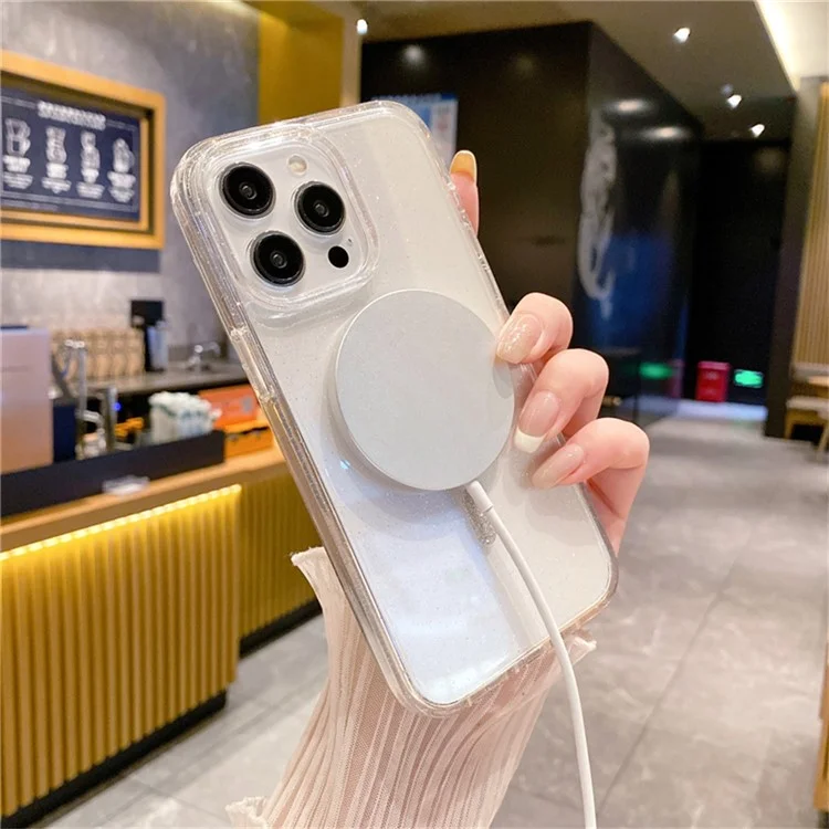 For iPhone 13 Pro Phone Case Compatible with MagSafe Glitter PC + TPU Hybrid Shockproof Cover - White