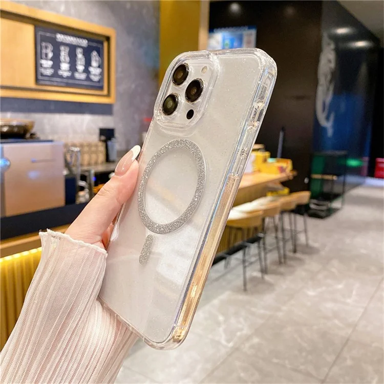 For iPhone 13 Pro Phone Case Compatible with MagSafe Glitter PC + TPU Hybrid Shockproof Cover - White