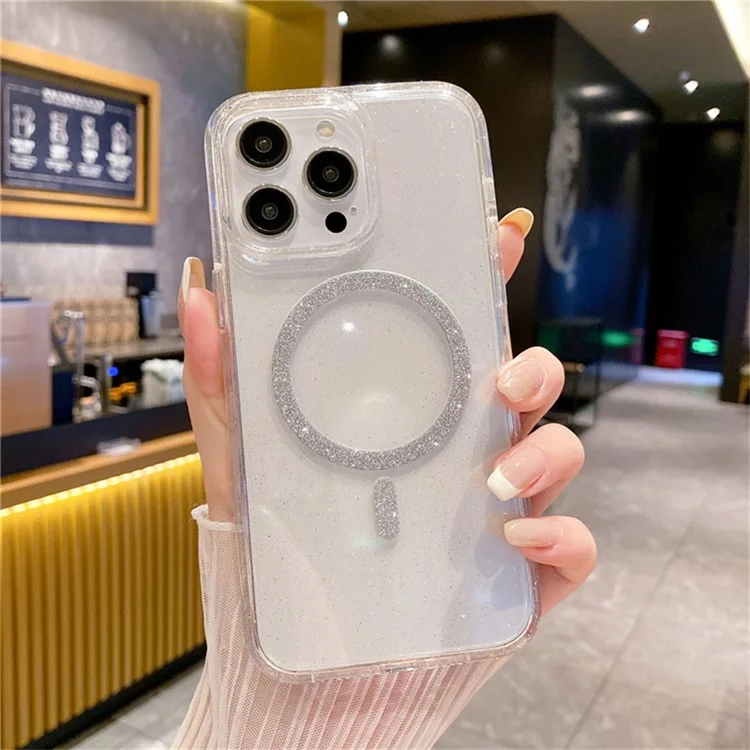 For iPhone 13 Pro Phone Case Compatible with MagSafe Glitter PC + TPU Hybrid Shockproof Cover - White
