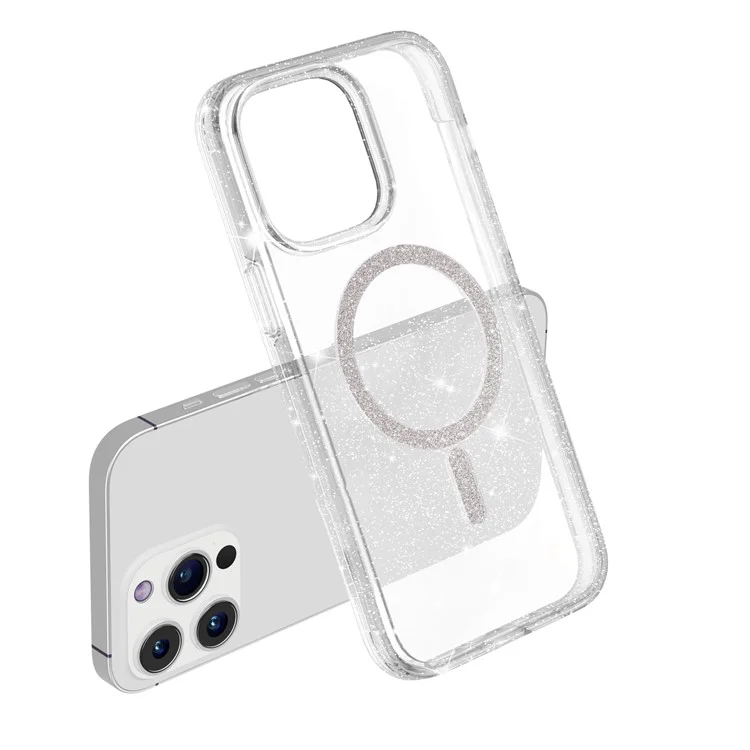 For iPhone 13 Pro Phone Case Compatible with MagSafe Glitter PC + TPU Hybrid Shockproof Cover - White