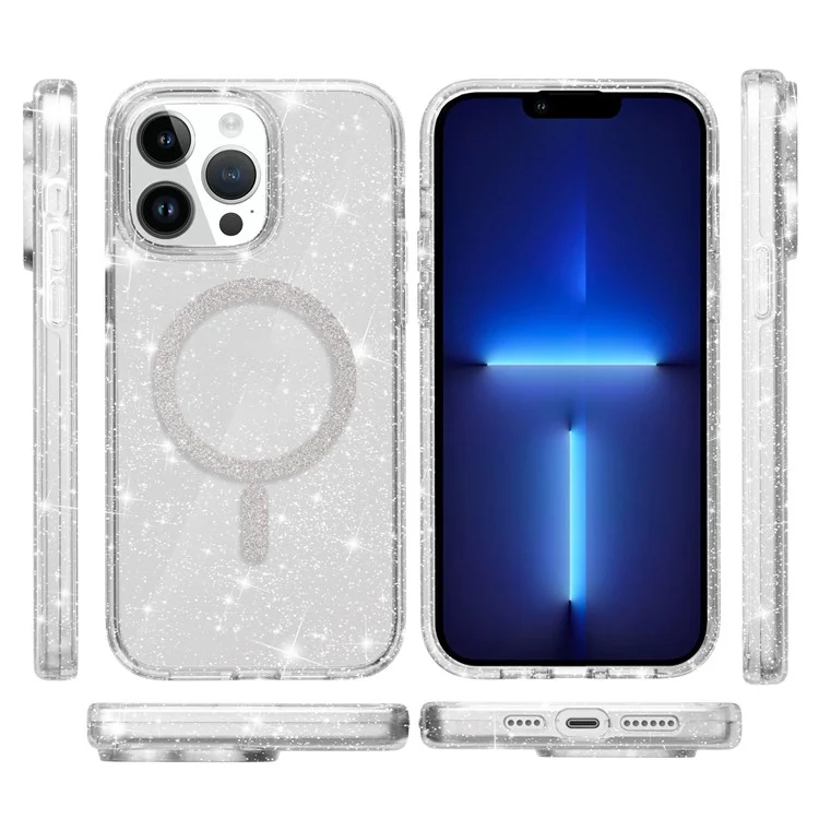 For iPhone 13 Pro Phone Case Compatible with MagSafe Glitter PC + TPU Hybrid Shockproof Cover - White