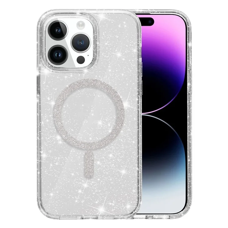 For iPhone 14 Pro Phone Case Compatible with MagSafe Glitter PC + TPU Hybrid Shockproof Cover - White